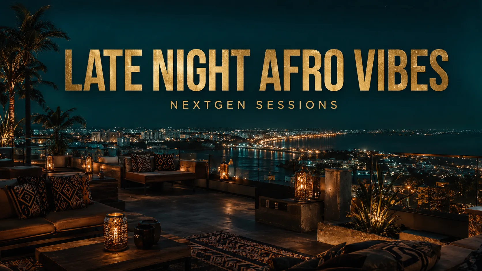 Late Night Afro Vibes playlist cover: lantern-lit coastal rooftop