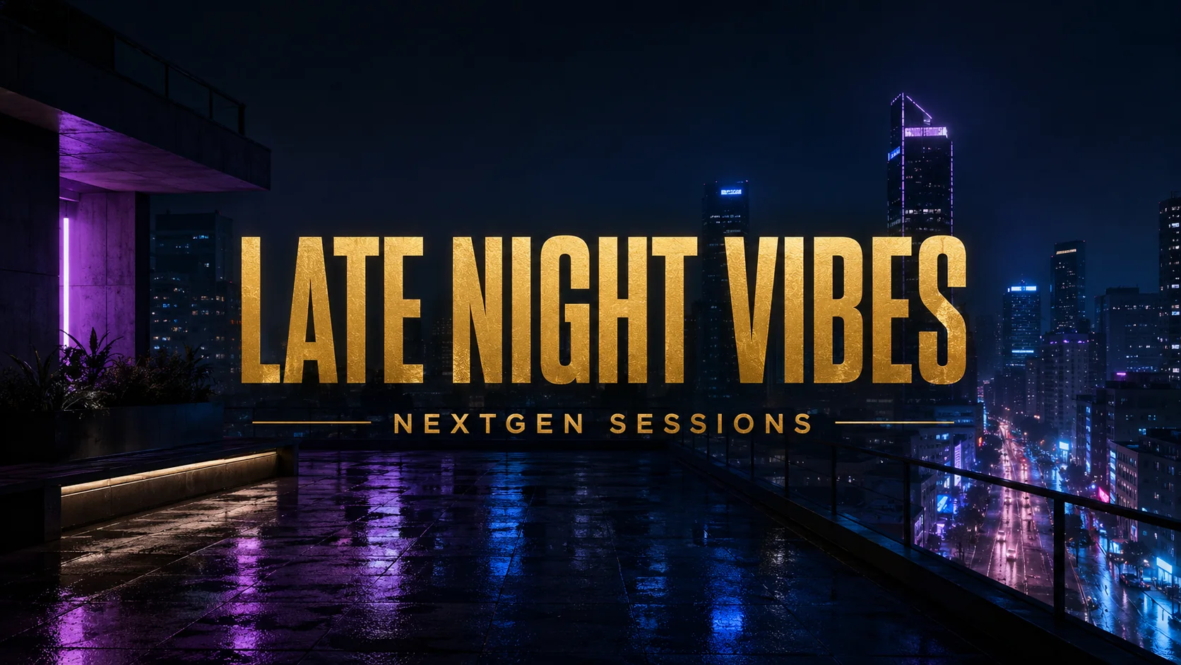 Late Night Vibes playlist cover: neon city rooftop after dark