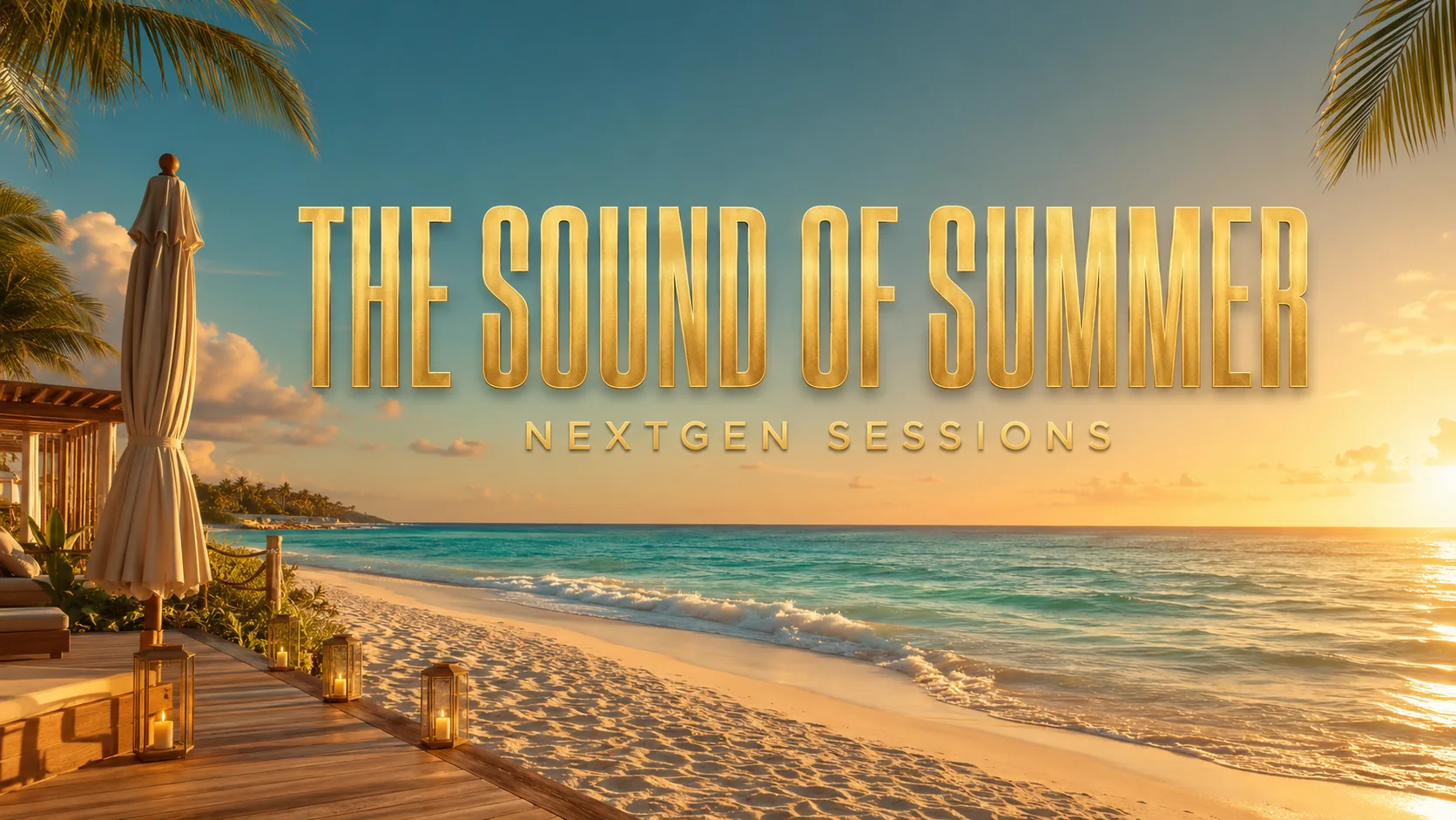The Sound of Summer playlist cover: tropical beach at golden hour